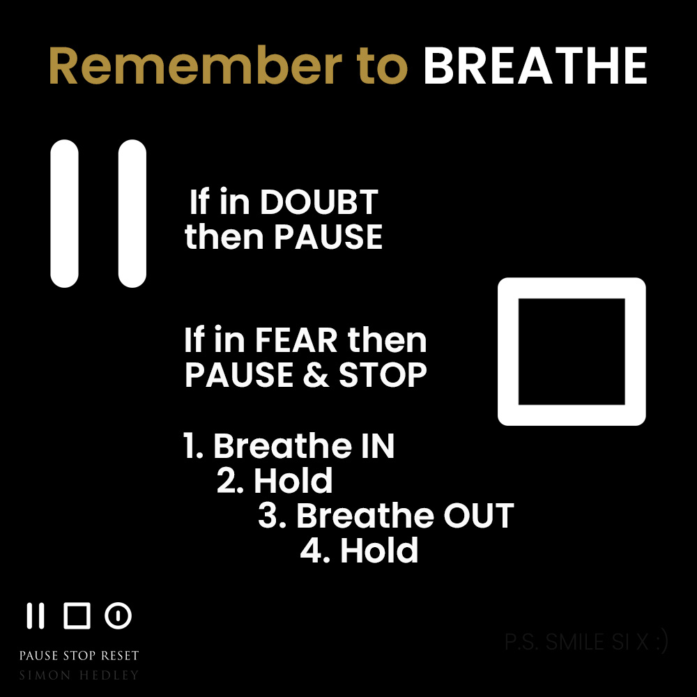PSR_PAUSE_BREATHE Remember to BREATHE. If in doubt, Pause. If in fear, PAUSE and STOP. Box Breath: 1. Breathe In 2. Hold 3. Breathe Out 4. Hold. Seemed important to share with how much is happening at in life and business at the moment. Times are changing for sure. Learn more at www.PauseStopReset.com